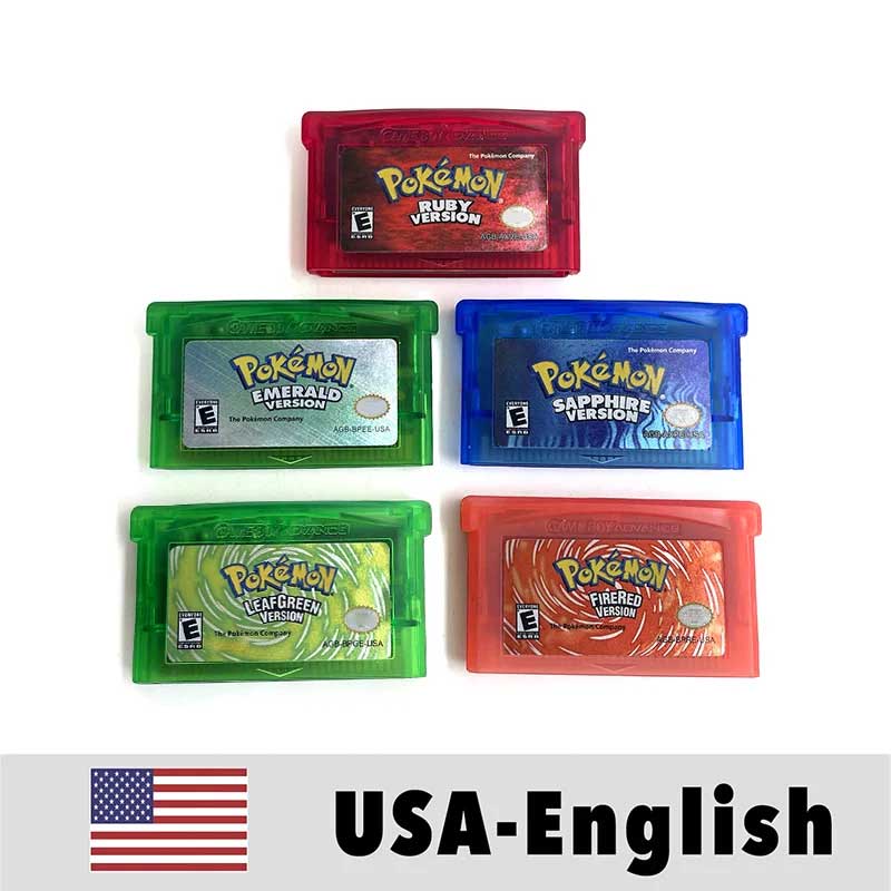 （Shipped from the United States) USA English IC Save Pokemon Emerald Sapphire Leafgreen Ruby Firered Metallic FoilFinish Box Trey Manual Game Cartridge for GBA
