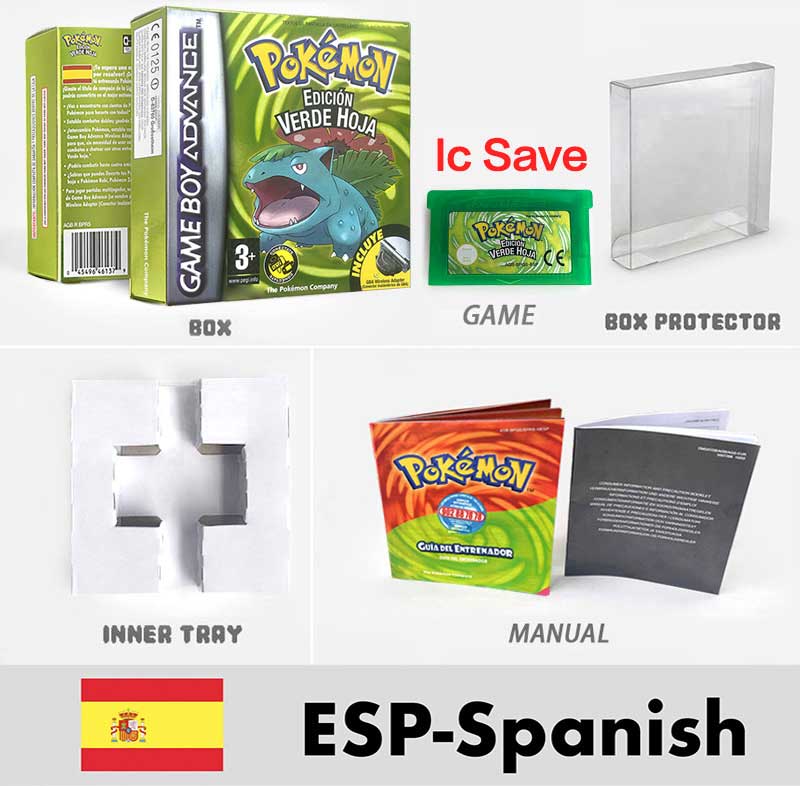 USA FRA NOE FRA IC SAVE Pokemon Emerald Ruby Firered Sapphire LeafGreen Sealed Box Tray Game Cartridge Manual for Gba