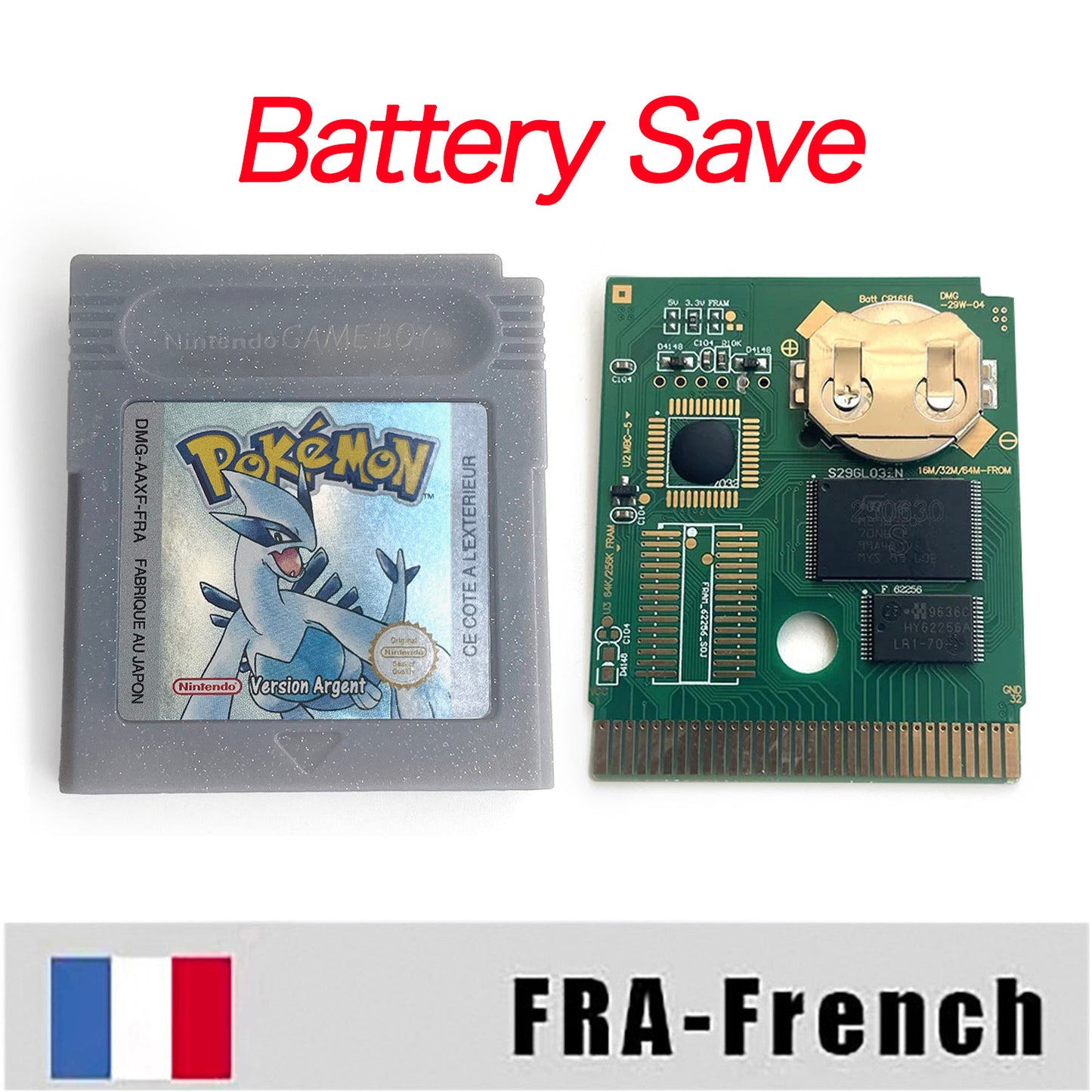 GBC game FRA French pokemon silver version RTC Flash cart Battery save Nintendo pokemon argent cartridge tray box game boy color