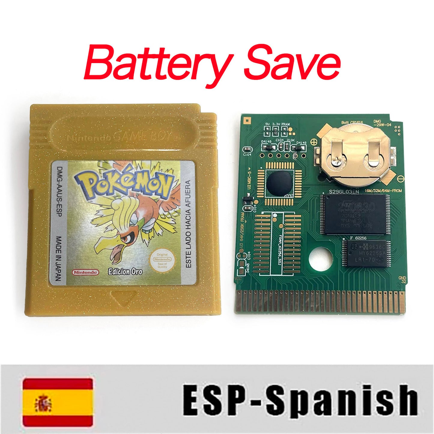 gbc game ESP Spanish pokemon gold version RTC Flash cart Battery save pokemon oro cartridge with tray box game boy color