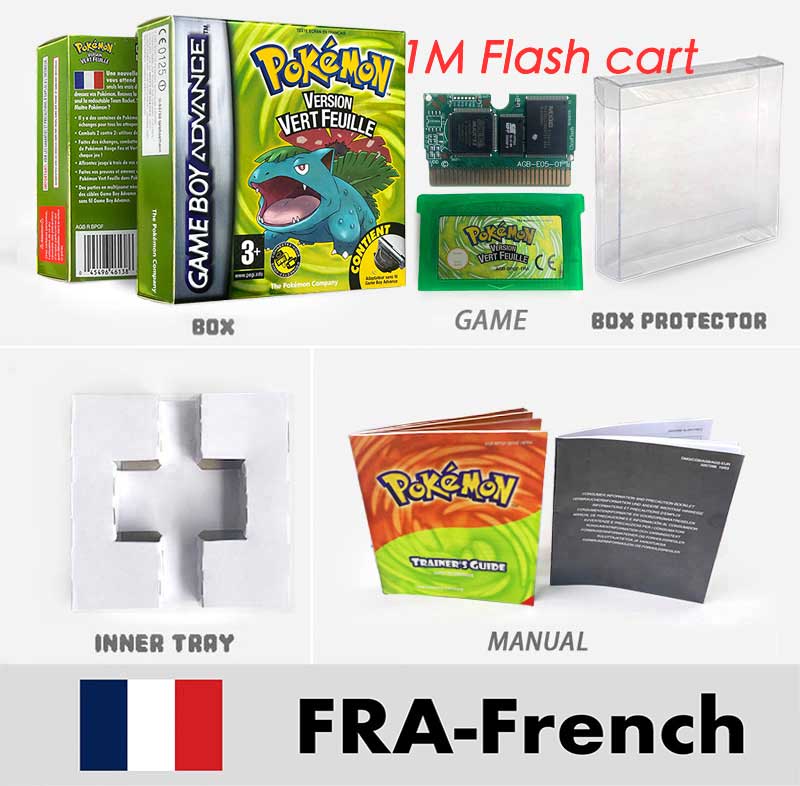 USA FRA NOE FRA RTC/1 M Flash CART pokemon sapphire ruby leafgreen emerald firered sealed box tray Game Cartridge manual for gba