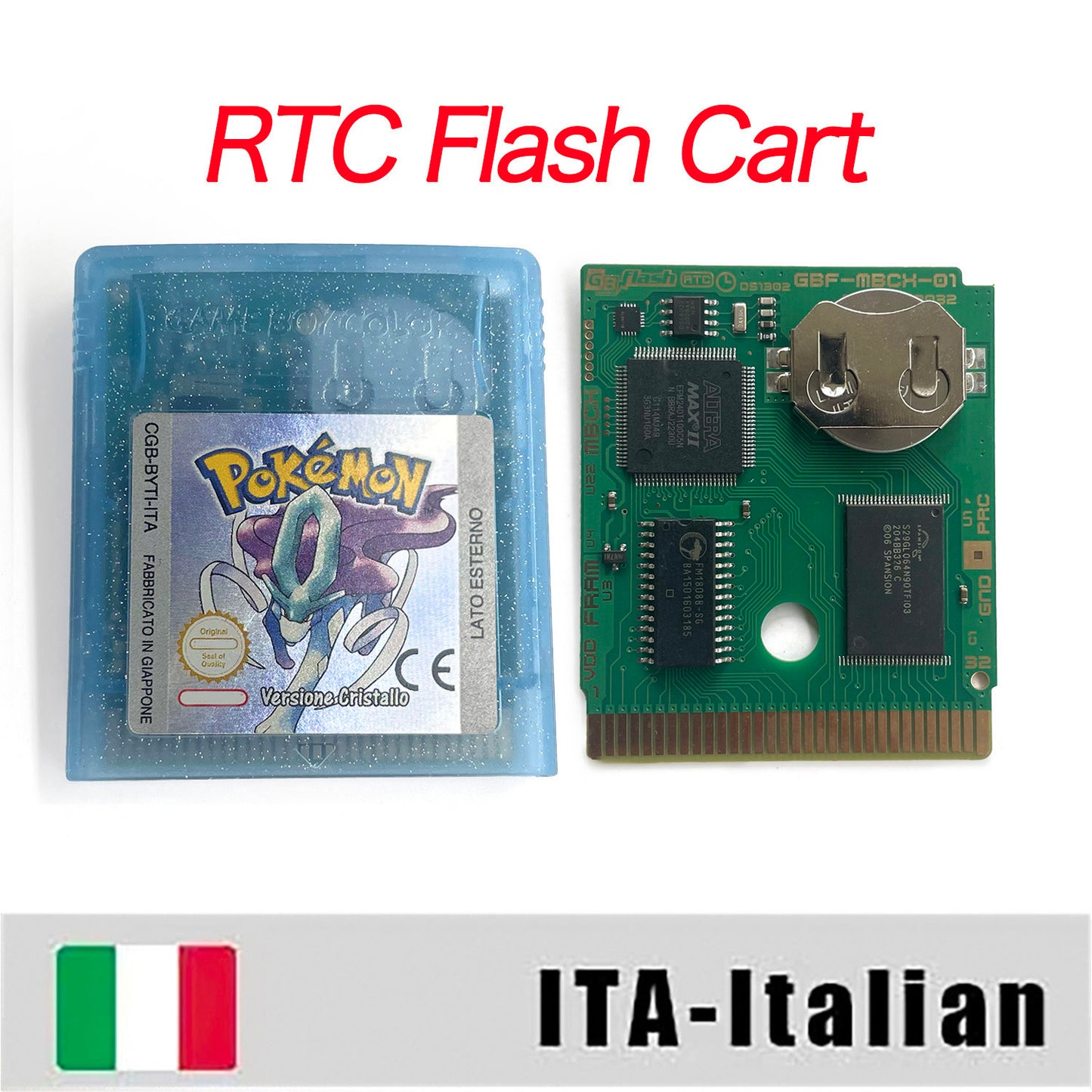 GBC game ITA Italian pokemon crystal version RTC Flash cart Battery save Nintendo pokemon cristallo cartridge tray box game boy color