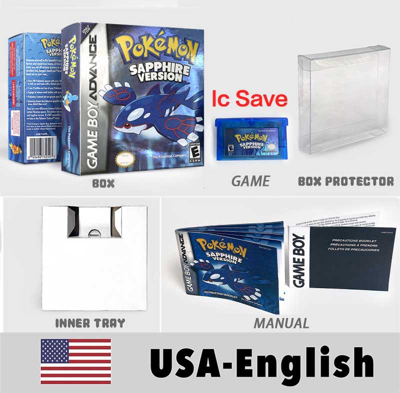 USA FRA NOE FRA IC SAVE Pokemon Emerald Ruby Sapphire LeafGreen Firered Sealed Box Tray Game Cartridge Manual for Gba