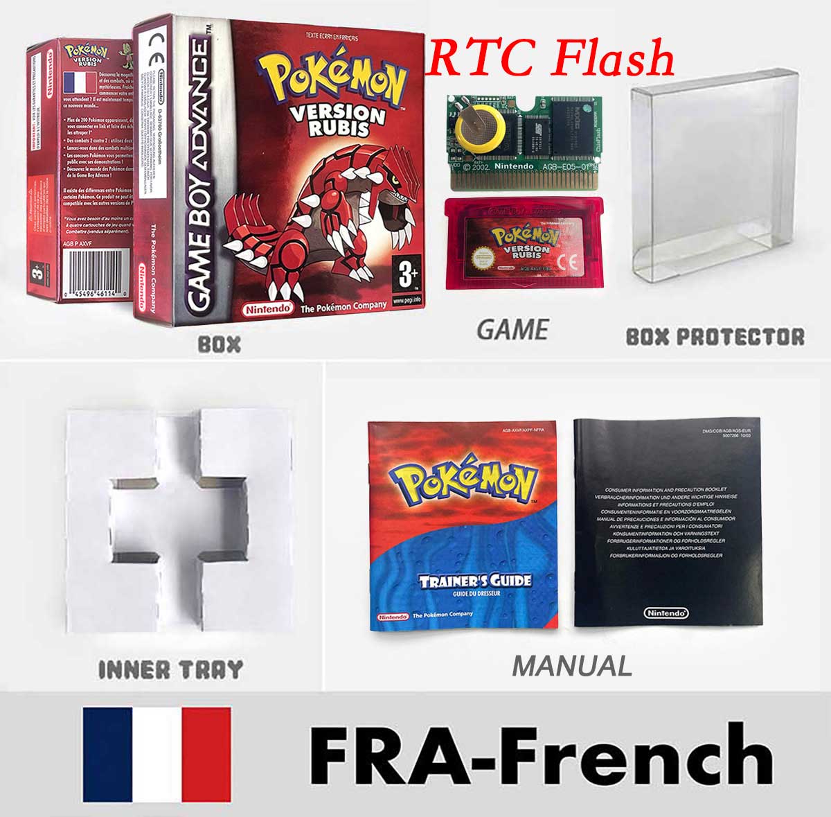 USA FRA NOE FRA RTC/1 M Flash CART pokemon sapphire ruby leafgreen emerald firered sealed box tray Game Cartridge manual for gba