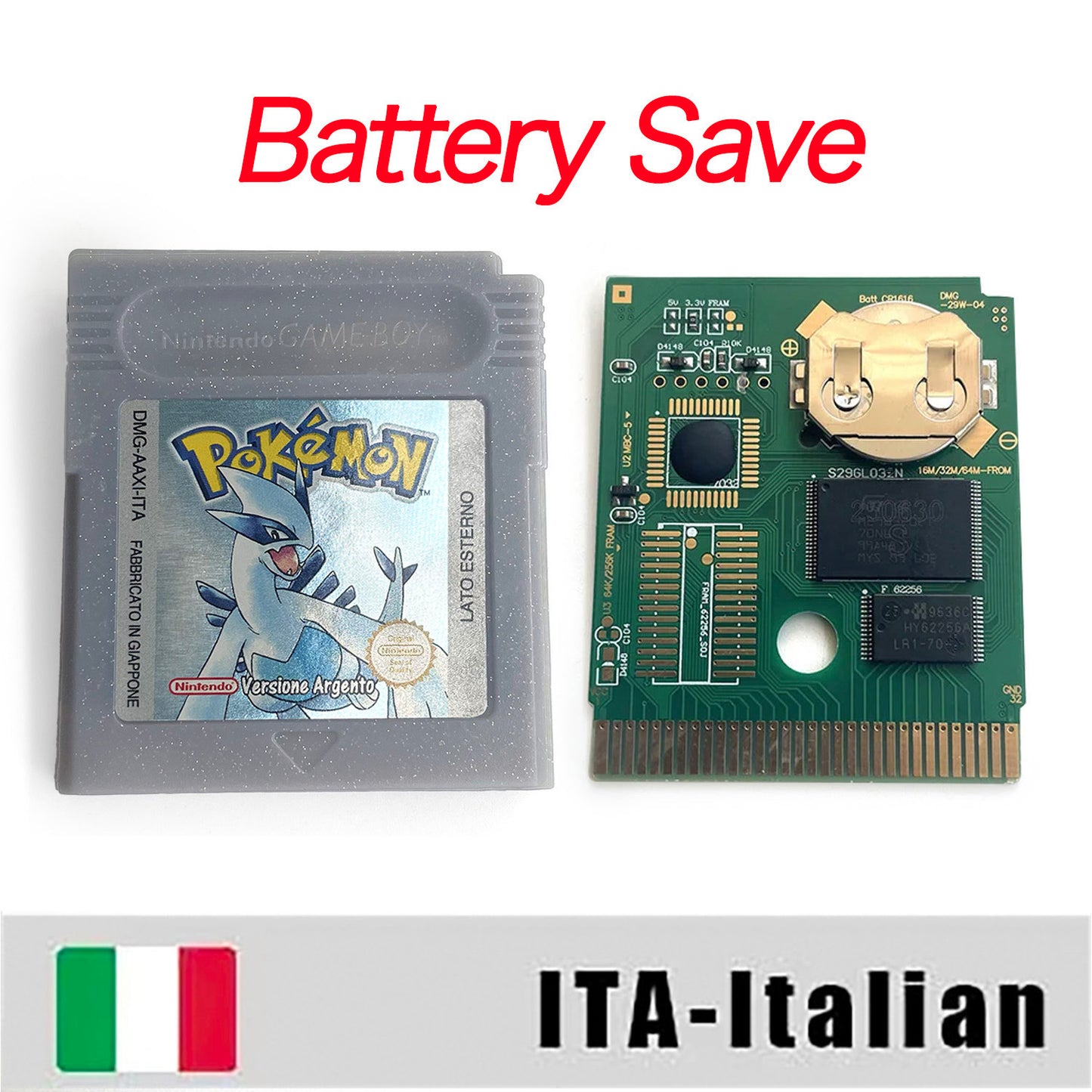 GBC game ITA Italian pokemon silver version RTC Flash cart Battery save Nintendo pokemon argento cartridge tray box game boy color