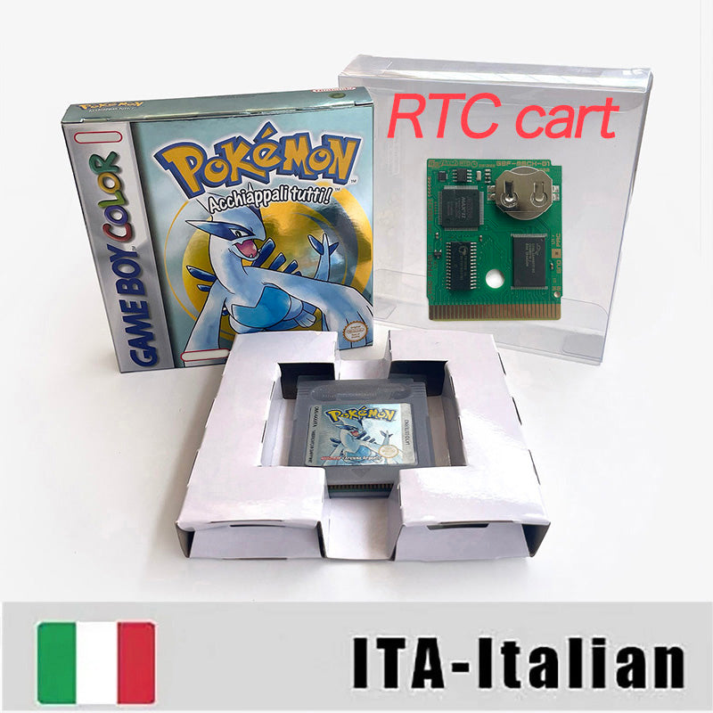 ITA ESP EUR FRA NOE USA Pokemon series RTC Flash silver crystal gold NO RTC flash yellow red blue 16 bit box tray Game Cartridge for GBC Multi-language