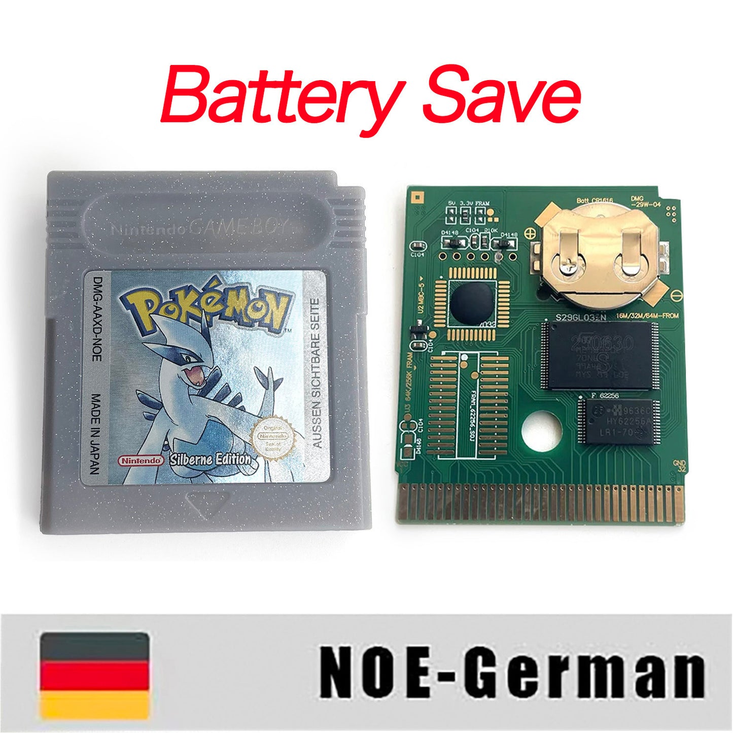 GBC game NOE German pokemon silver version RTC Flash cart Battery save Nintendo pokemon Silber cartridge tray box game boy color