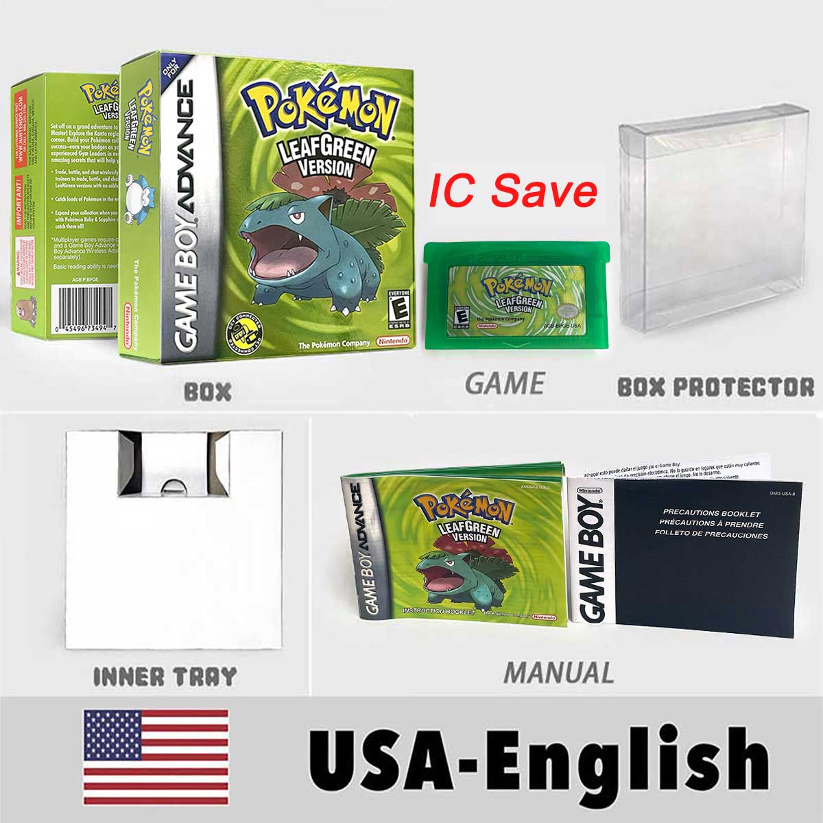 USA FRA NOE FRA IC SAVE Pokemon Emerald Ruby Firered Sapphire LeafGreen Sealed Box Tray Game Cartridge Manual for Gba