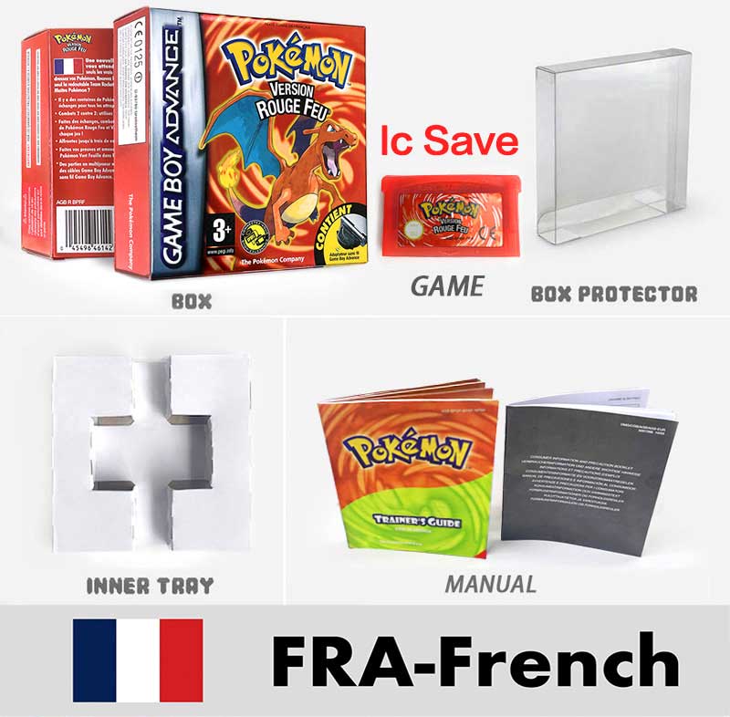 USA FRA NOE FRA IC SAVE Pokemon Emerald Ruby Sapphire LeafGreen Firered Sealed Box Tray Game Cartridge Manual for Gba