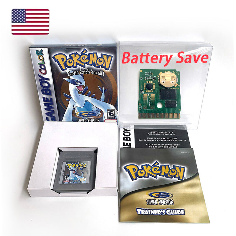 USA english sealed pokemon silver version RTC Flash cart Battery save IC save Manual cartridge with tray box for gbc game boy color