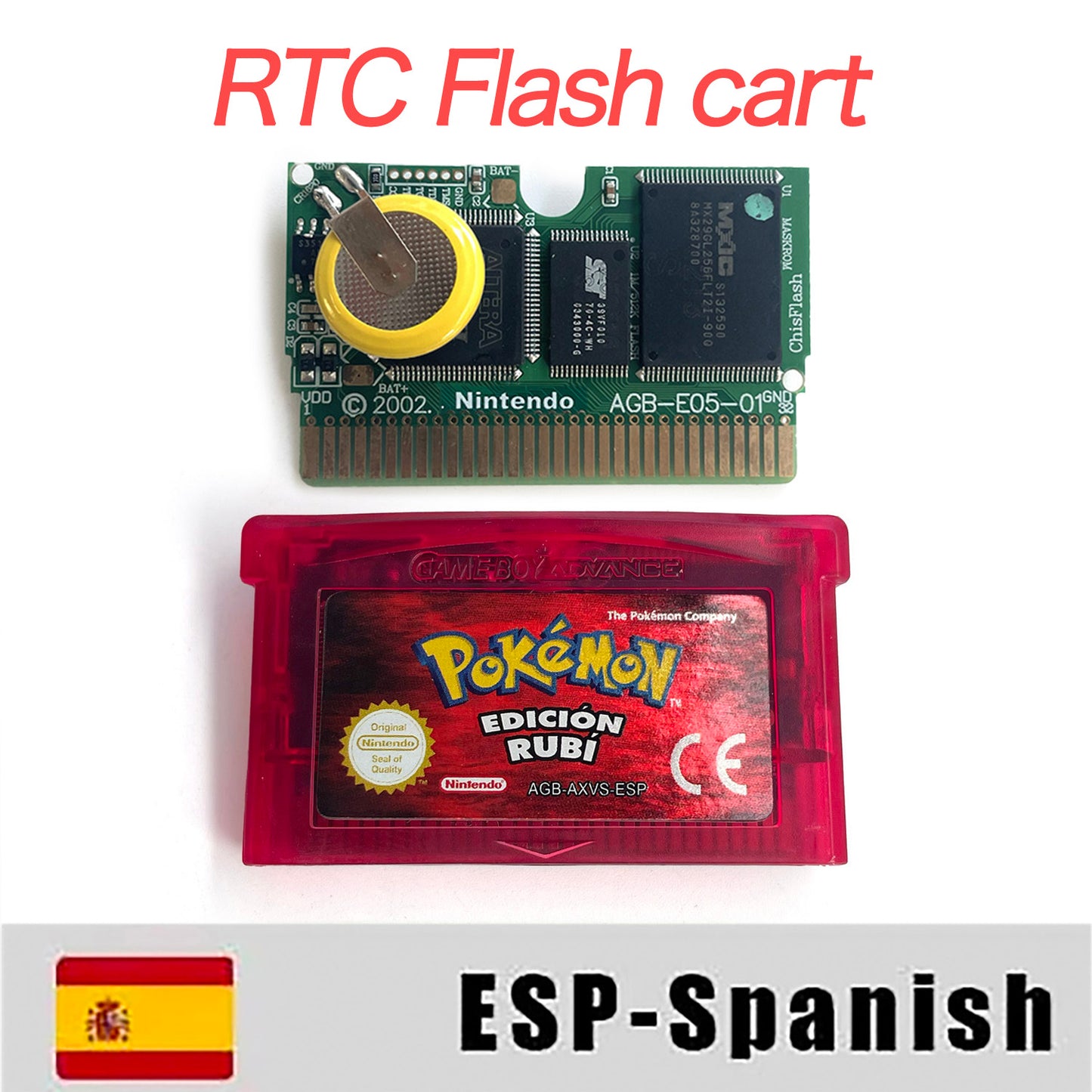 ESP Spanish IC save rtc flash cart Real Time Clock pokemon ruby version box with tray Nintendo game cartridge for gba