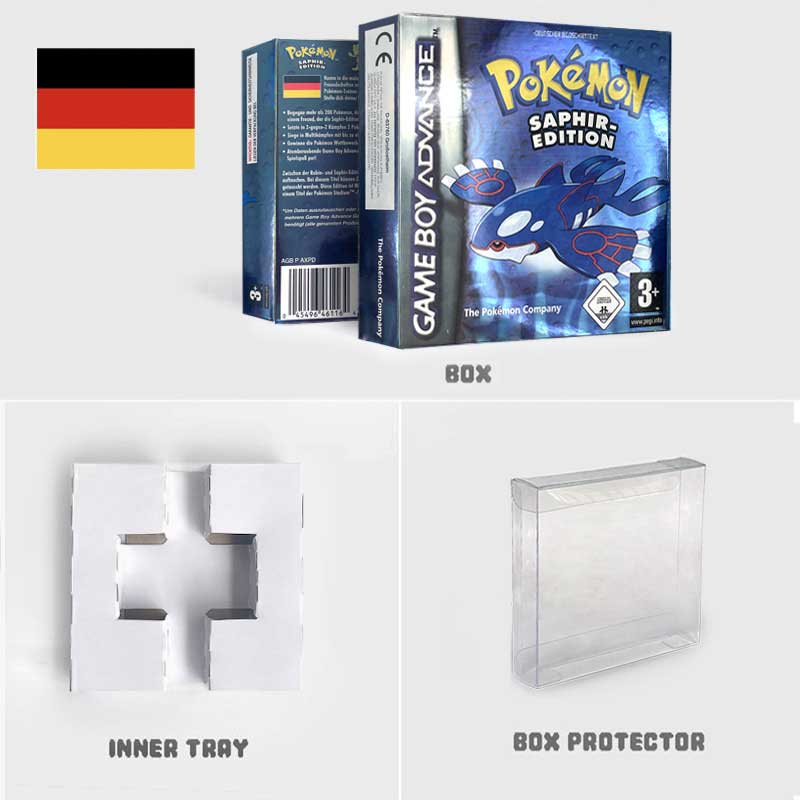 USA FRA NOE ESP ITA EUR Pokemon Emerald Sapphire Leafgreen Ruby Firered Metallic FoilFinish Box Trey Manual label for GBA