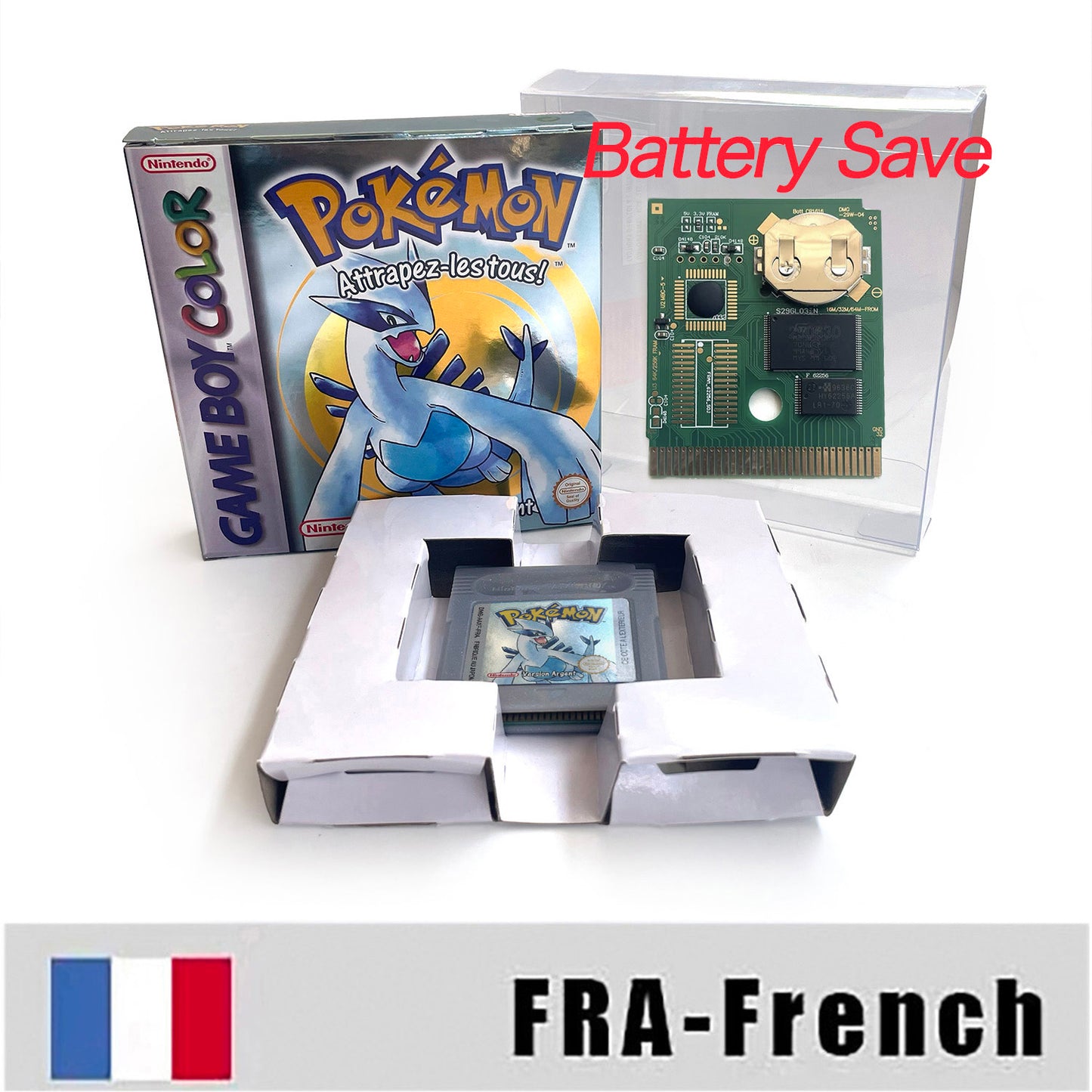 GBC game FRA French pokemon silver version RTC Flash cart Battery save Nintendo pokemon argent cartridge tray box game boy color