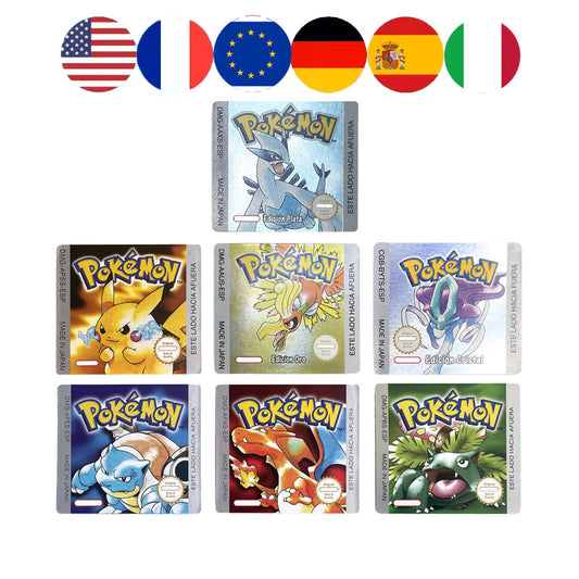 Pokemon Yellow Blue Red Crystal Silver Gold Green USA EUR FRA ESP NOE ITA Metallic Label Sticker for GBC