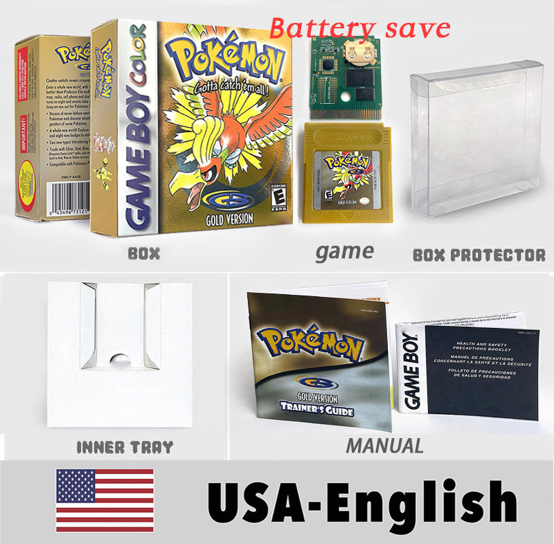 USA ITA NOE FRA ESP version battery save cart sealed pokemon crystal gold silver yellow red blue 16 bit box tray manual Game Cartridge for GBC