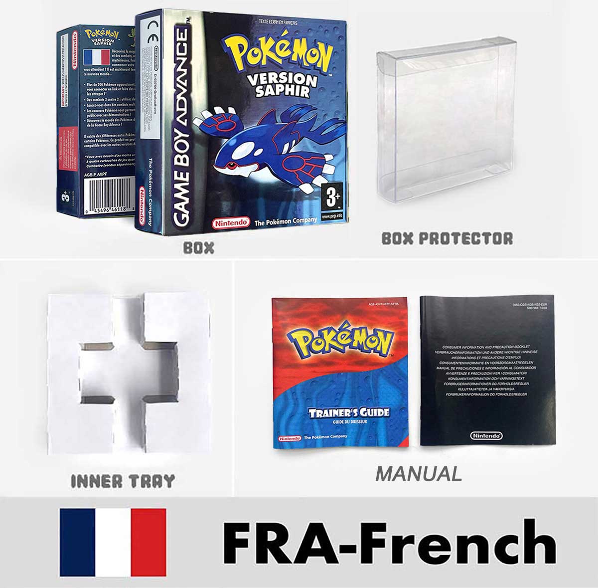 USA FRA NOE FRA Pokemon Emerald Ruby Firered Sapphire LeafGreen Box Tray Manual for Gba