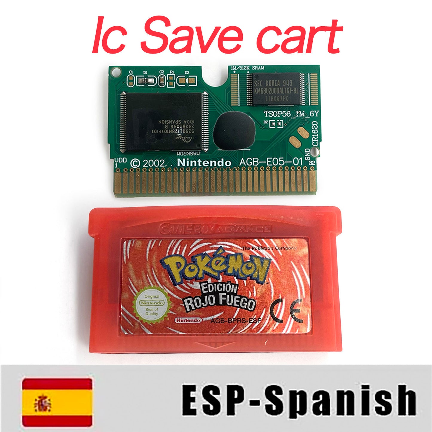 ESP Spanish IC save 1 M flash cart pokemon firered version box with tray Nintendo game cartridge for gba
