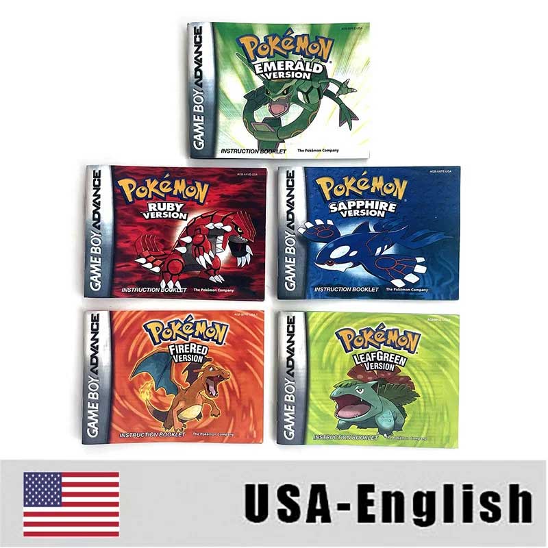 （Shipped from the United States) USA English IC Save Pokemon Emerald Sapphire Leafgreen Ruby Firered Metallic FoilFinish Box Trey Manual Game Cartridge for GBA