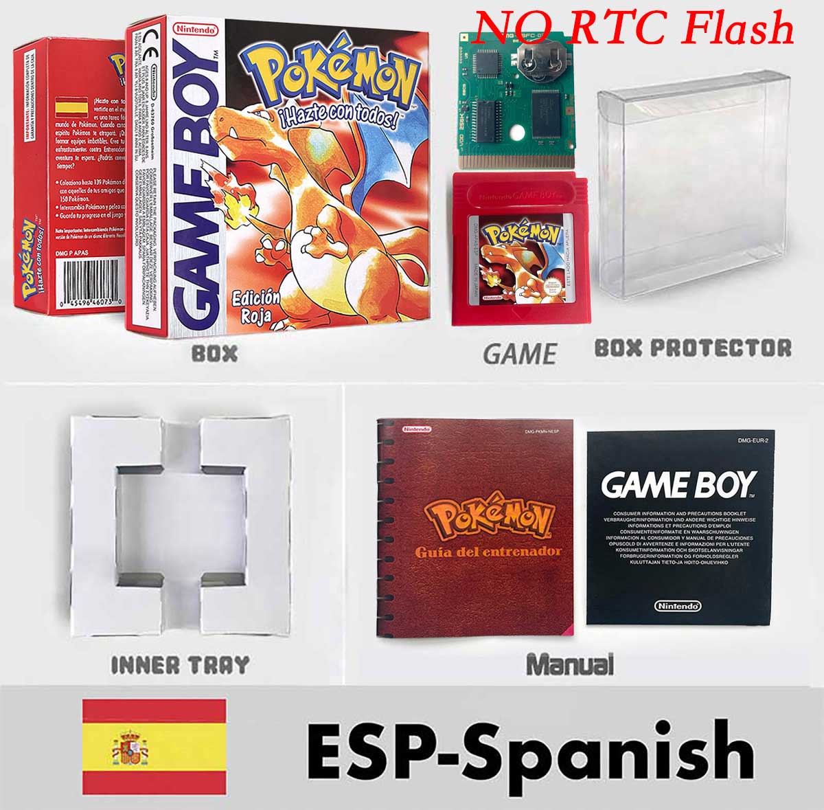 USA ITA NOE FRA ESP pokemon RTC Gold silver crystal NO RTC yellow red blue sealed 16 bit box tray manual Game Cartridge for GBC