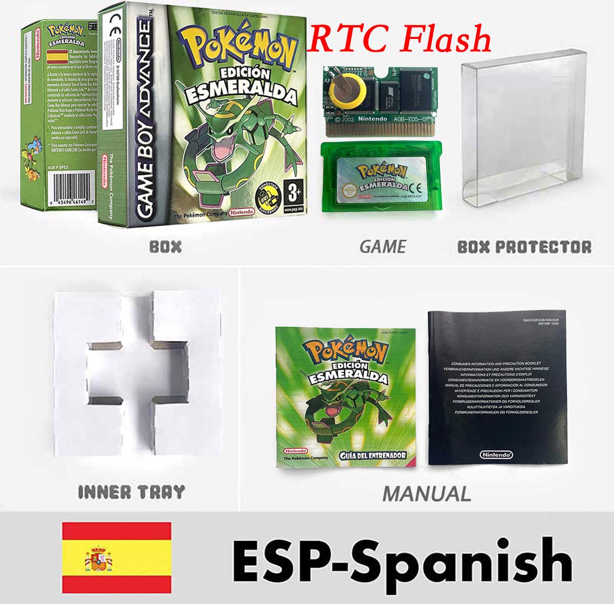 USA FRA NOE FRA RTC/1 M Flash CART pokemon sapphire ruby leafgreen emerald firered sealed box tray Game Cartridge manual for gba