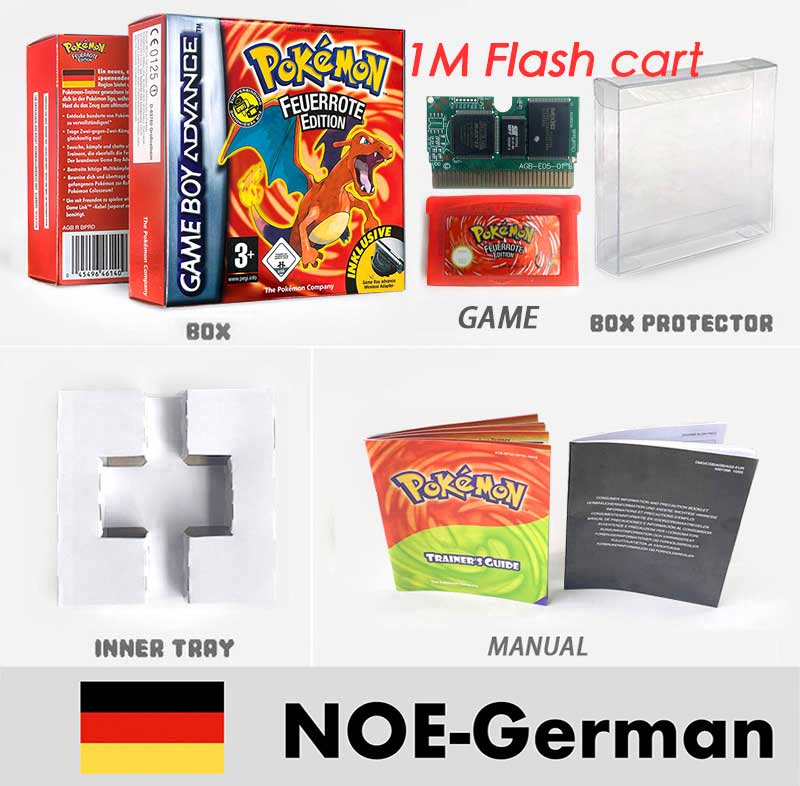 USA FRA NOE FRA RTC/1 M Flash CART pokemon sapphire ruby leafgreen emerald firered sealed box tray Game Cartridge manual for gba