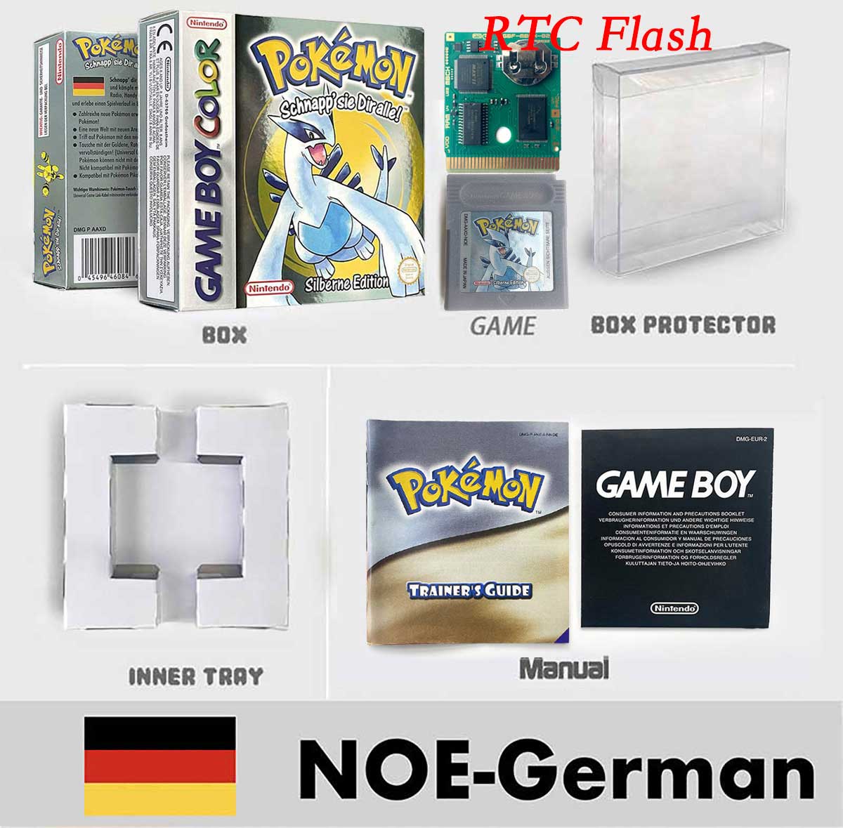USA ITA NOE FRA ESP pokemon RTC Gold silver crystal NO RTC yellow red blue sealed 16 bit box tray manual Game Cartridge for GBC