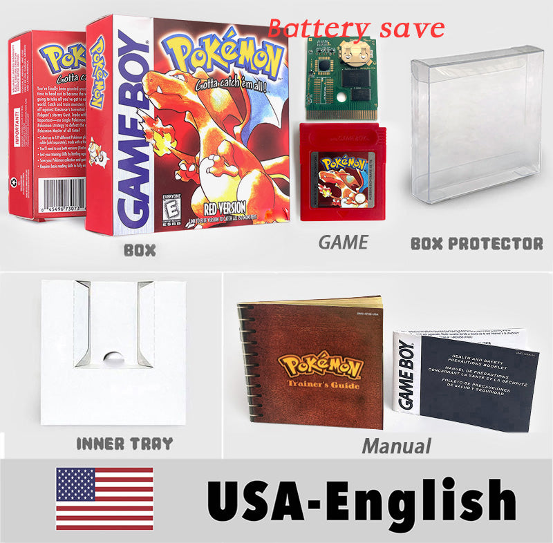 USA ITA NOE FRA ESP version battery save cart sealed pokemon crystal gold silver yellow red blue 16 bit box tray manual Game Cartridge for GBC
