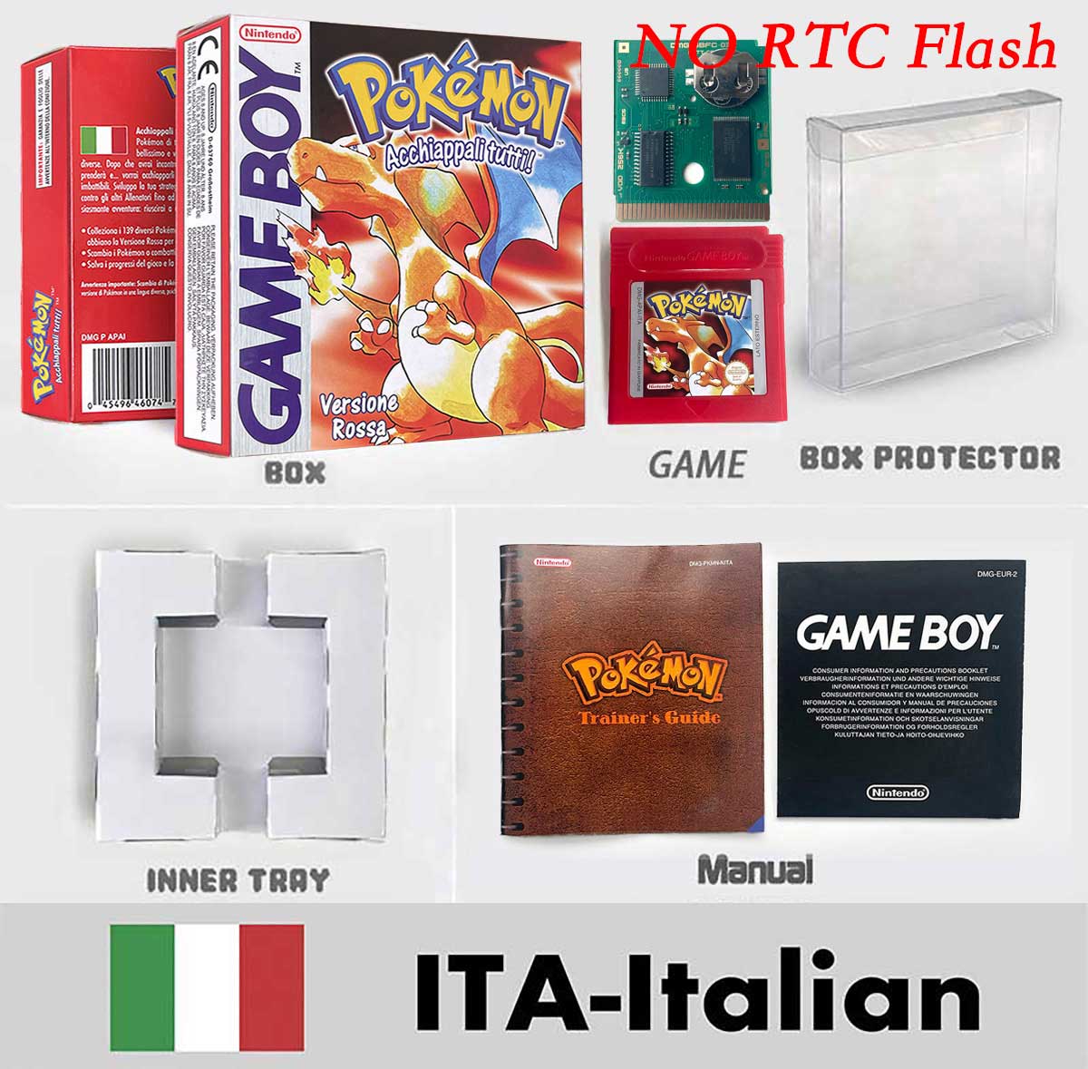 USA ITA NOE FRA ESP pokemon RTC Gold silver crystal NO RTC yellow red blue sealed 16 bit box tray manual Game Cartridge for GBC