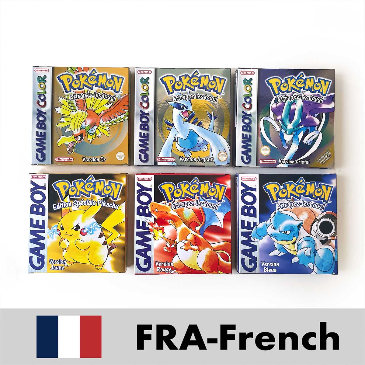 USA FRA NOE ESP ITA Pokemon Yellow Blue Red Crystal Silver Gold Green box and manual for GBC