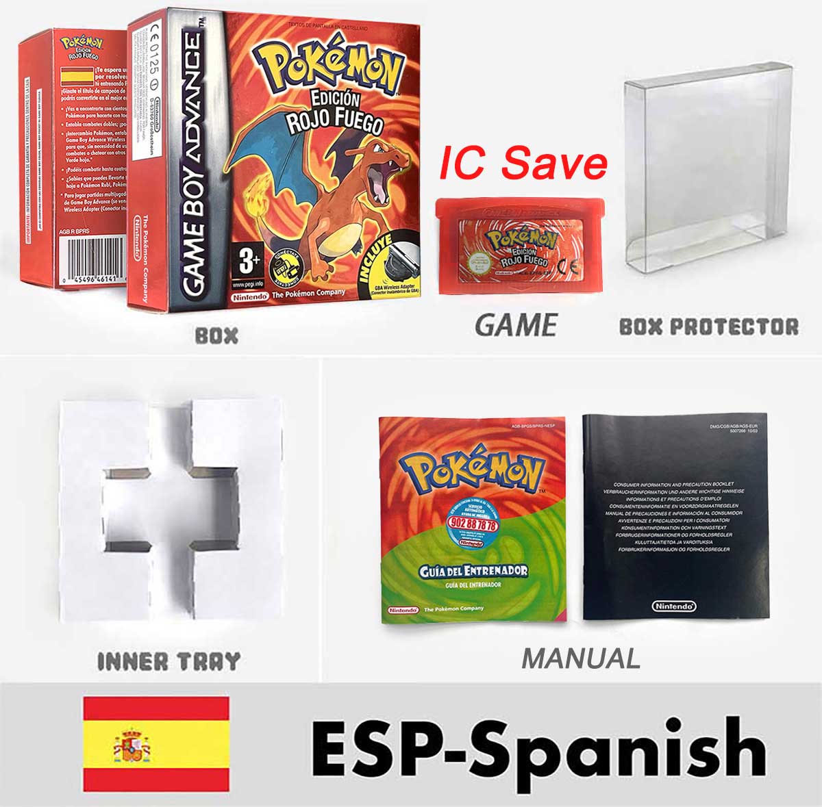 USA FRA NOE FRA IC SAVE Pokemon Emerald Ruby Firered Sapphire LeafGreen Sealed Box Tray Game Cartridge Manual for Gba