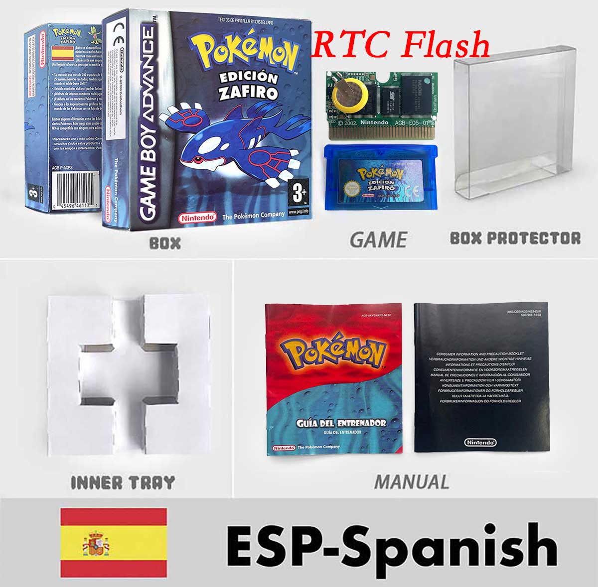USA FRA NOE FRA RTC/1 M Flash CART pokemon sapphire ruby leafgreen emerald firered sealed box tray Game Cartridge manual for gba