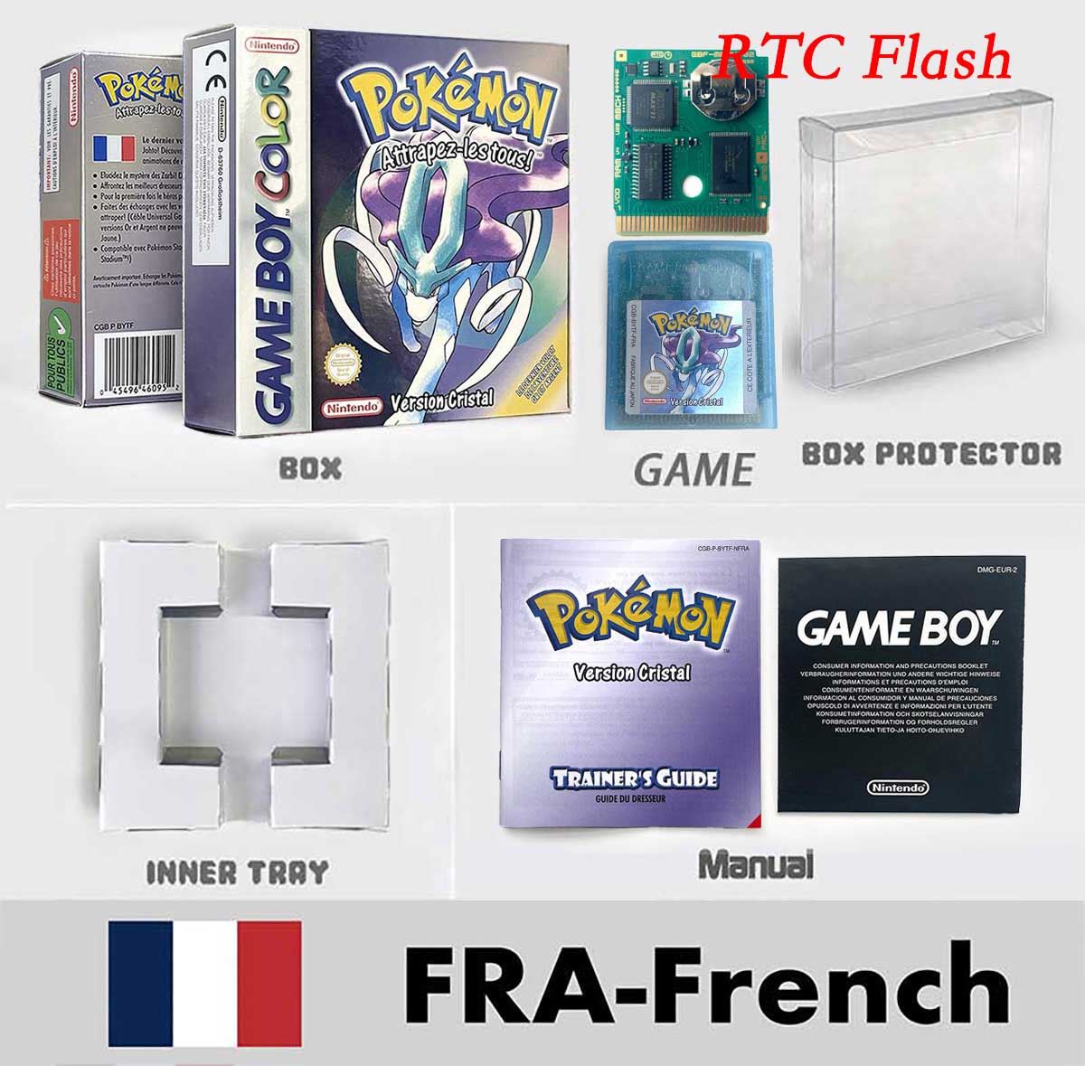 USA ITA NOE FRA ESP pokemon RTC Gold silver crystal NO RTC yellow red blue sealed 16 bit box tray manual Game Cartridge for GBC