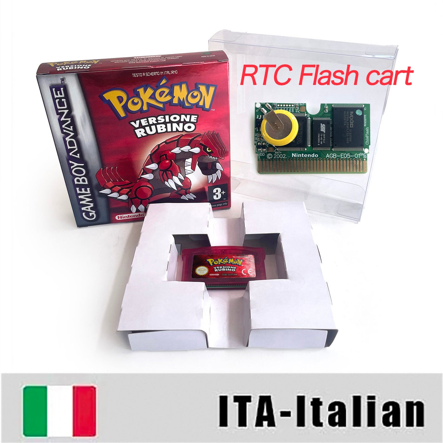 ITA Italian IC save rtc flash cart Real Time Clock pokemon rubino version box with tray Nintendo game cartridge for gba game boy advance