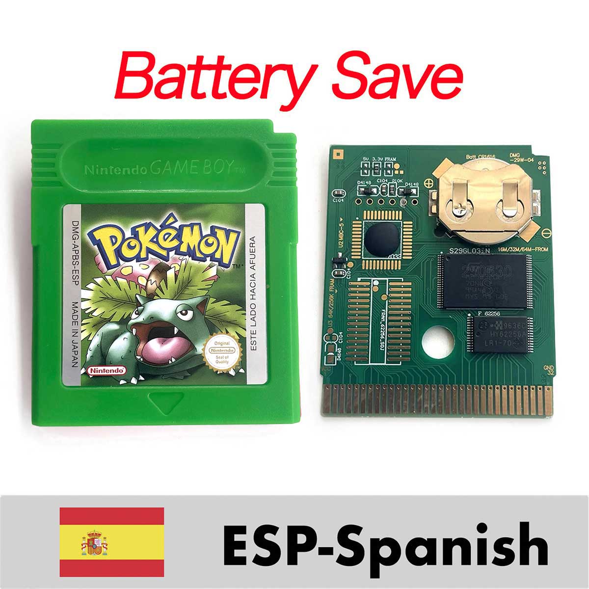 USA ITA NOE FRA ESP EUR Version Battery Save Cart Pokemon Yellow Red Crystal Gold Silver Blue Green 16 Bit Game Cartridge for GBC