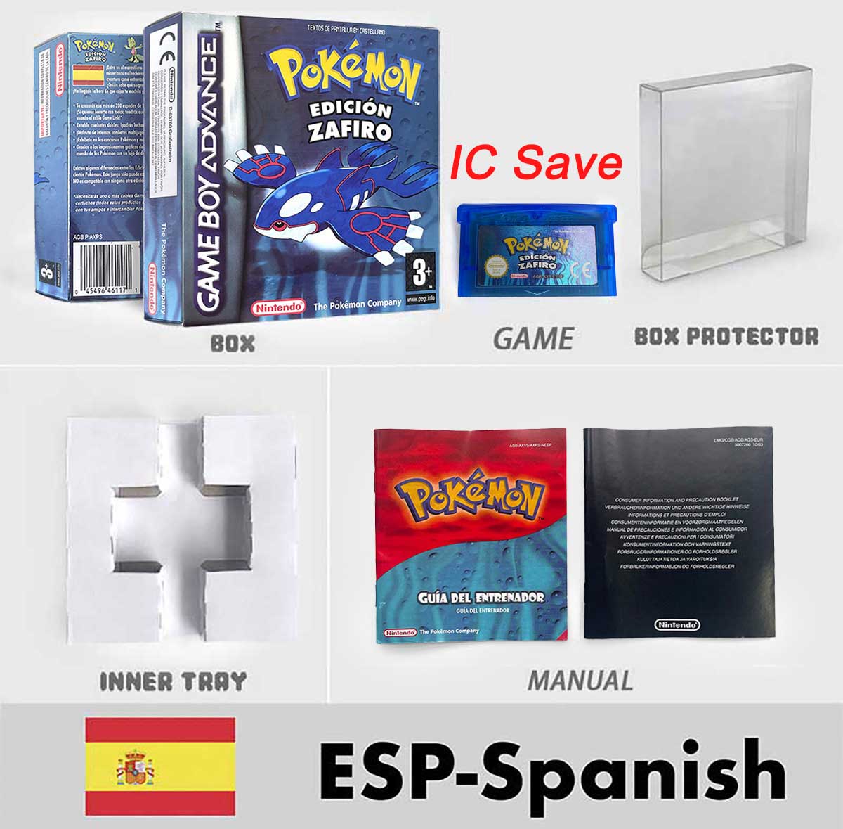 USA FRA NOE FRA IC SAVE Pokemon Emerald Ruby Firered Sapphire LeafGreen Sealed Box Tray Game Cartridge Manual for Gba
