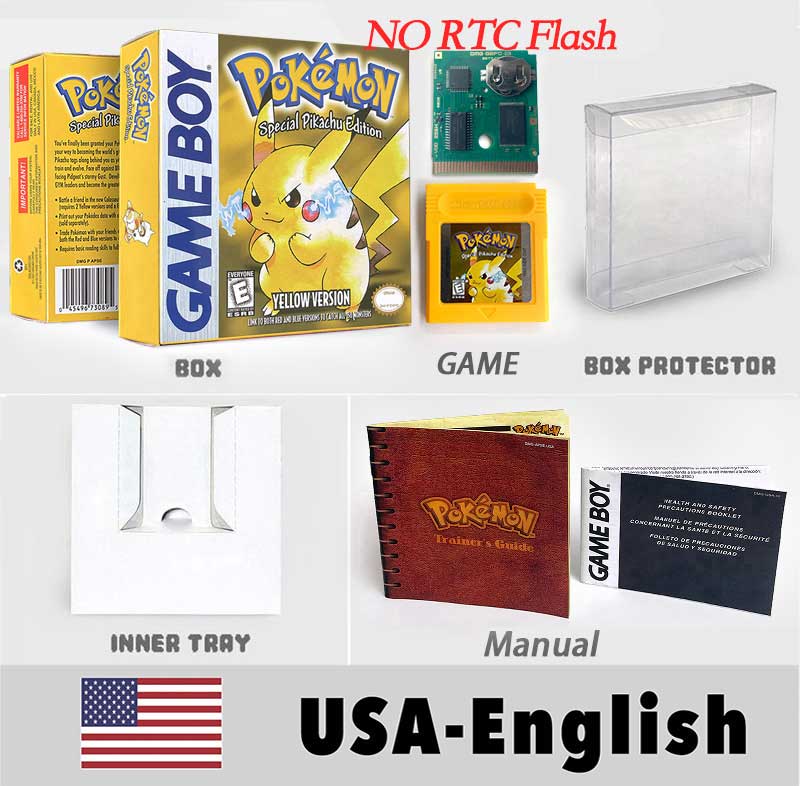 USA ITA NOE FRA ESP pokemon RTC Gold silver crystal NO RTC blue yellow red sealed 16 bit box tray manual Game Cartridge for GBC