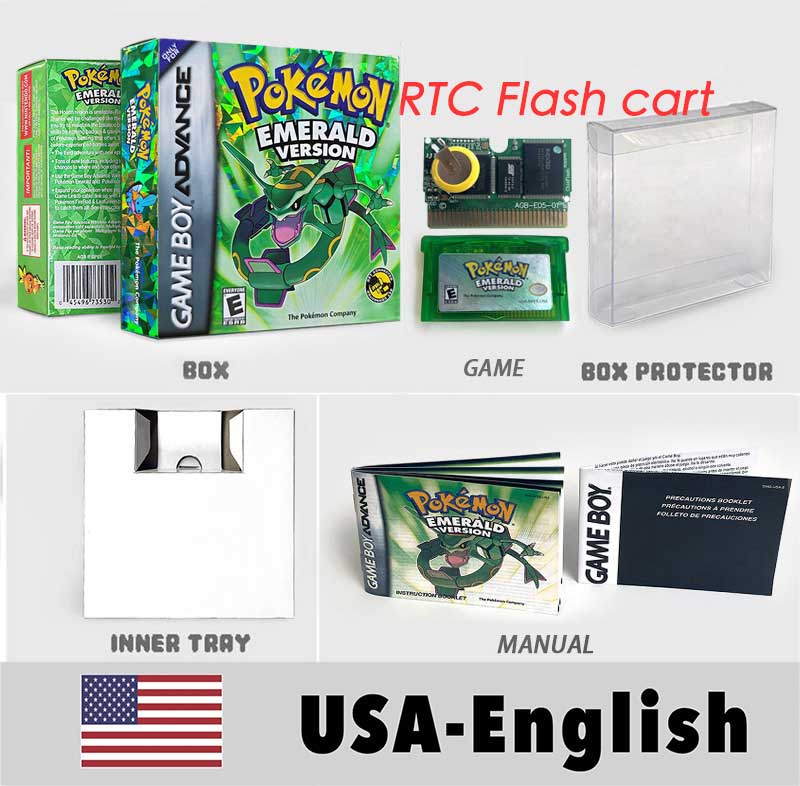 USA FRA NOE FRA RTC/1 M Flash CART pokemon sapphire ruby leafgreen emerald firered sealed box tray Game Cartridge manual for gba