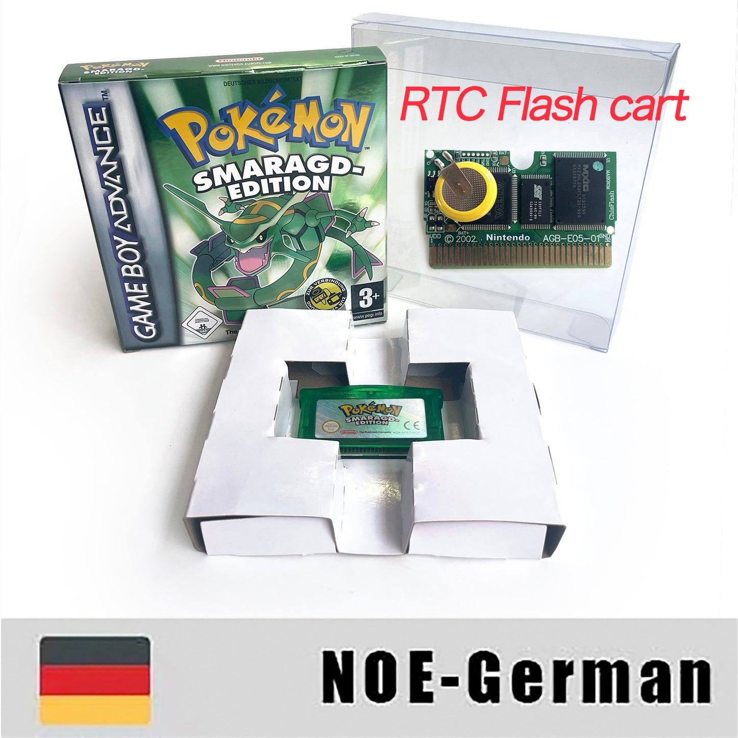 NOE German IC save rtc flash cart Real Time Clock pokemon emerald version box with tray Nintendo game cartridge for gba