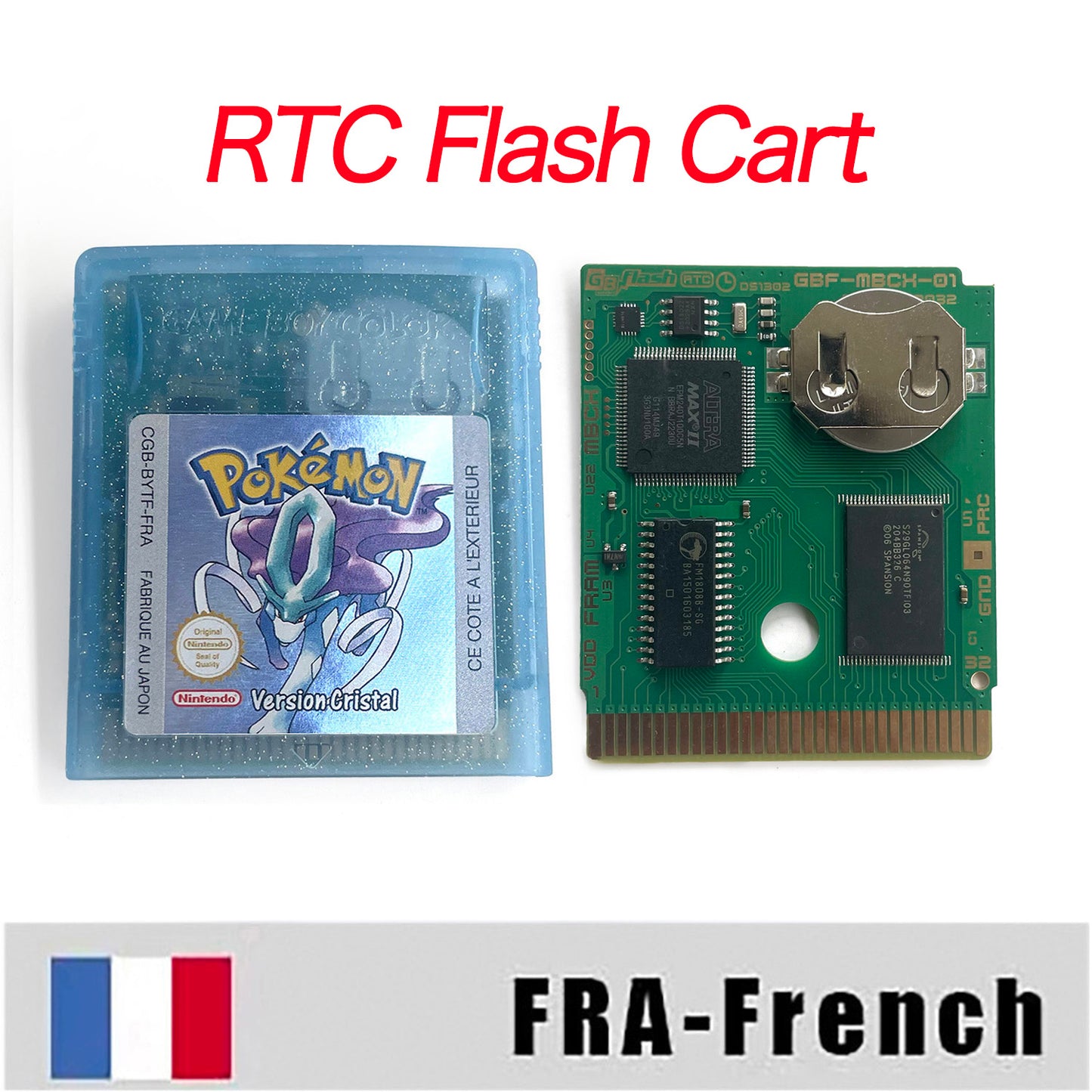 GBC game FRA French pokemon crystal version RTC Flash cart Battery save Nintendo pokemon cristal cartridge tray box game boy color