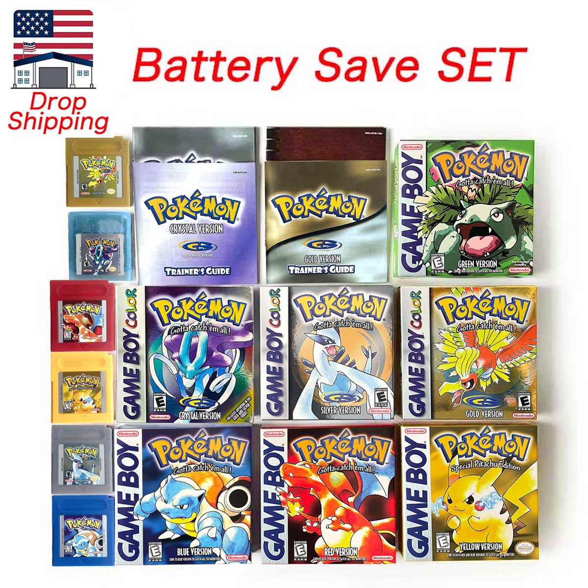 （Shipped from the United States)USA Pokemon Battery Save cart Crtstal, Red, Blue green,Yellow, Gold, Silver,  box trey manual Game Cartridge for GBC