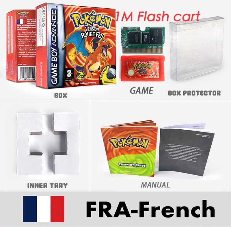 USA FRA NOE FRA RTC/1 M Flash CART pokemon sapphire ruby leafgreen emerald firered sealed box tray Game Cartridge manual for gba