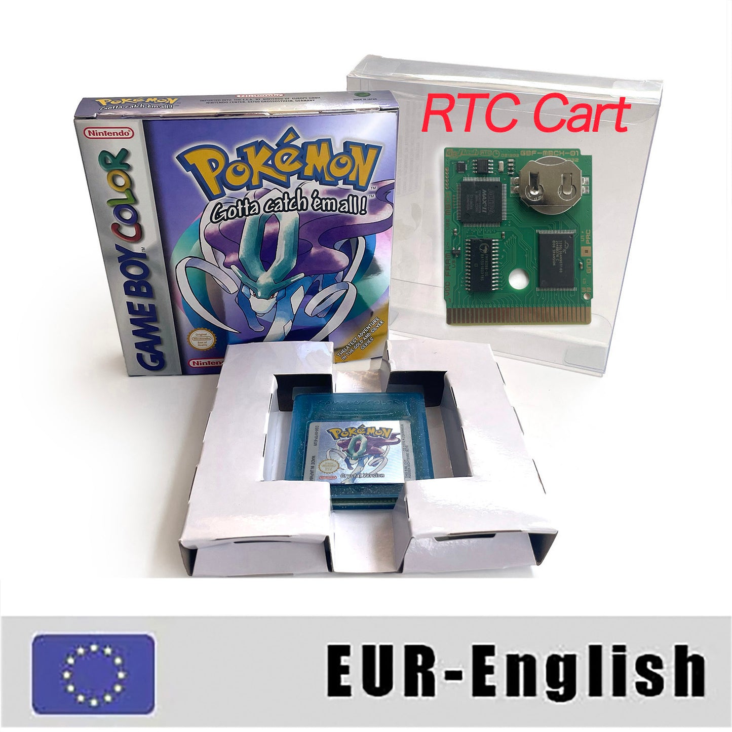 GBC game EUR english pokemon crystal version RTC Flash cart Battery save Nintendo cartridge tray box game boy color