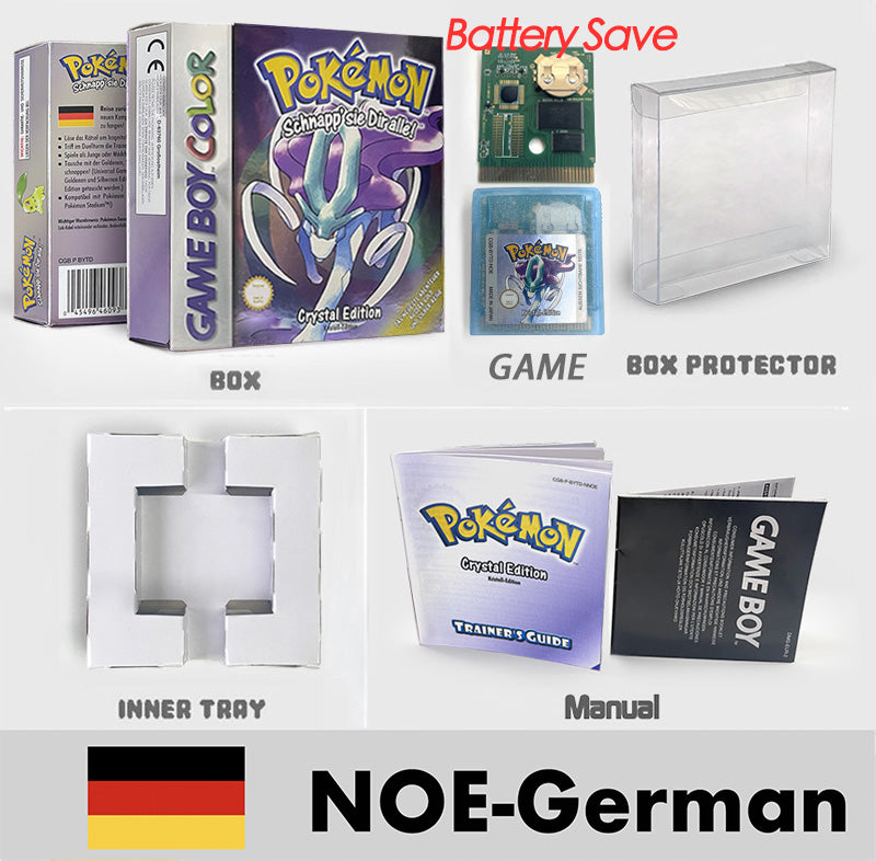 USA ITA NOE FRA ESP version battery save cart sealed pokemon crystal gold silver yellow red blue 16 bit box tray manual Game Cartridge for GBC