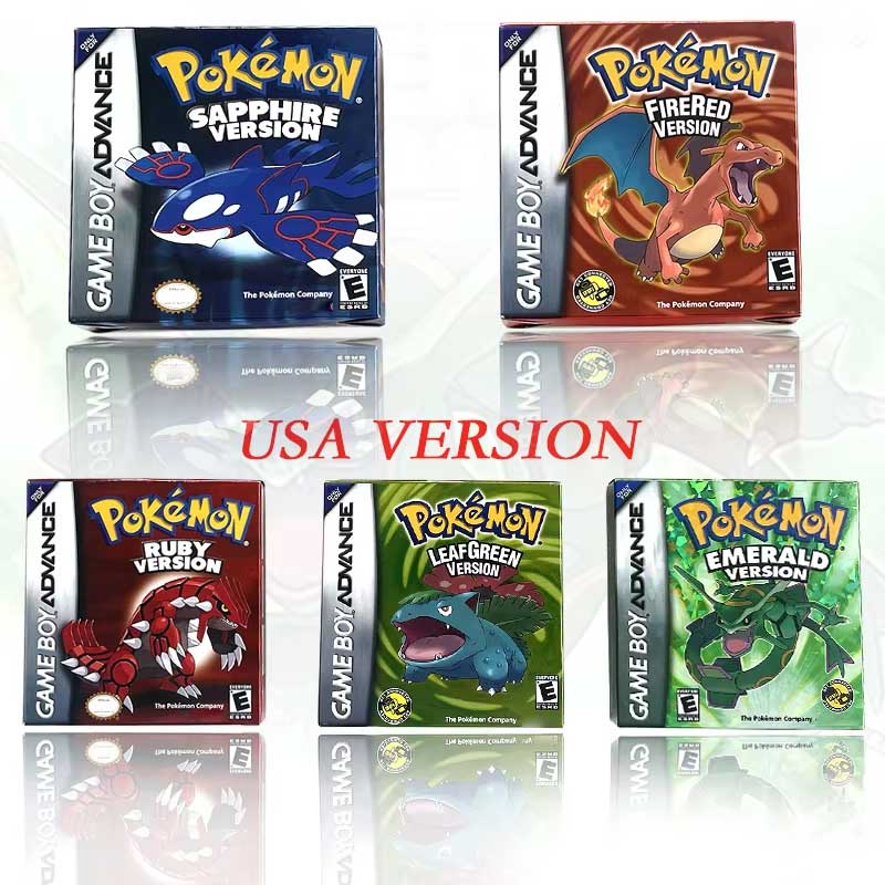 （Shipped from the United States) USA English IC Save Pokemon Emerald Sapphire Leafgreen Ruby Firered Metallic FoilFinish Box Trey Manual Game Cartridge for GBA