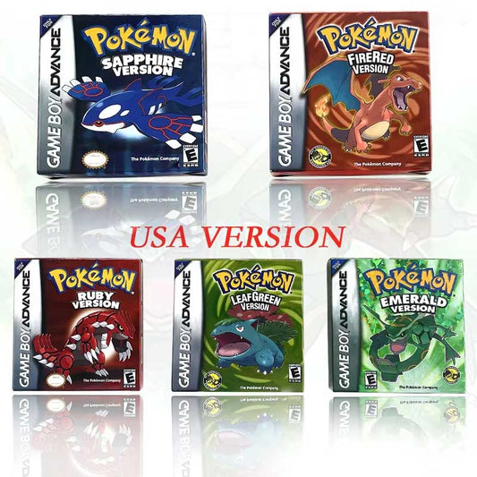（Shipped from the United States) USA English IC Save Pokemon Emerald Sapphire Leafgreen Ruby Firered Metallic FoilFinish Box Trey Manual Game Cartridge for GBA