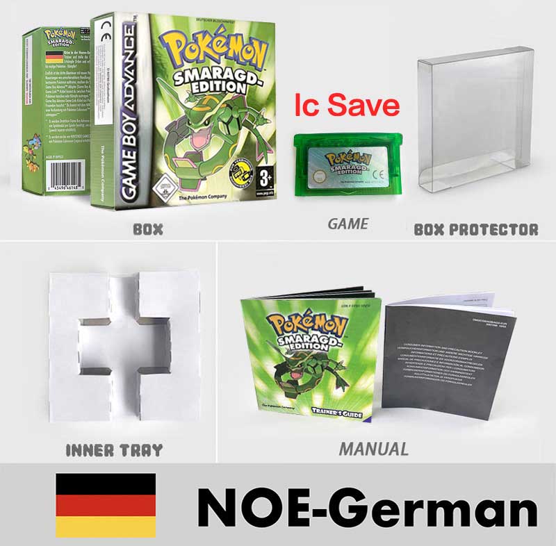 USA FRA NOE FRA IC SAVE Pokemon Emerald Ruby Sapphire LeafGreen Firered Sealed Box Tray Game Cartridge Manual for Gba