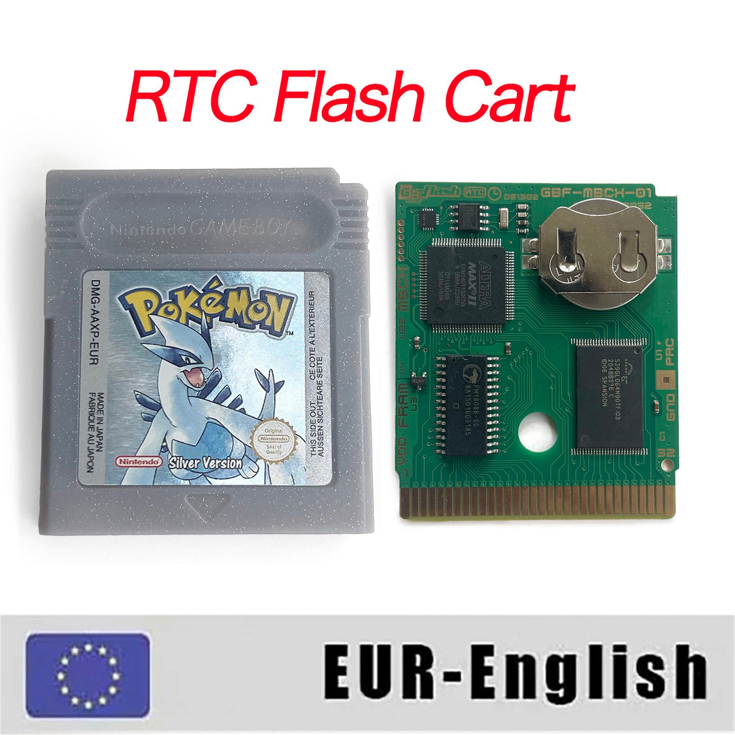 GBC game EUR english pokemon silver version RTC Flash cart Battery save Nintendo cartridge tray box game boy color