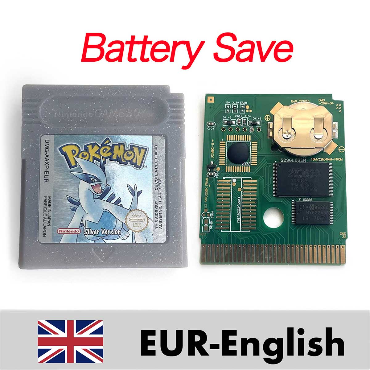 USA ITA NOE FRA ESP EUR version battery save cart pokemon yellow red crystal gold silver blue 16 bit Game Cartridge for GBC