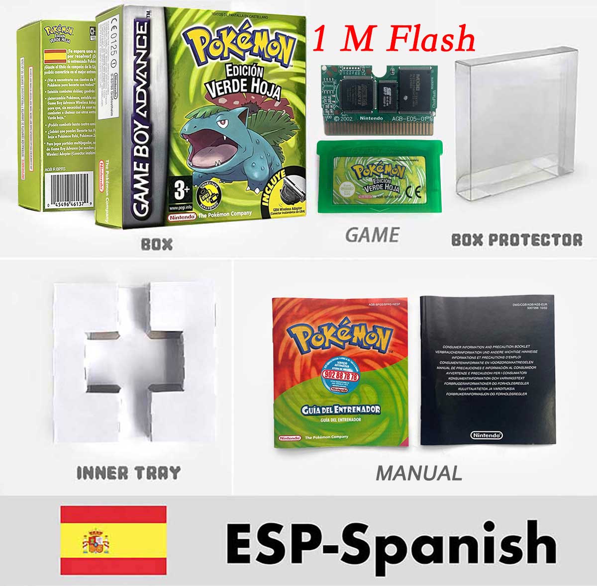 USA FRA NOE FRA RTC/1 M Flash CART pokemon sapphire ruby leafgreen emerald firered sealed box tray Game Cartridge manual for gba