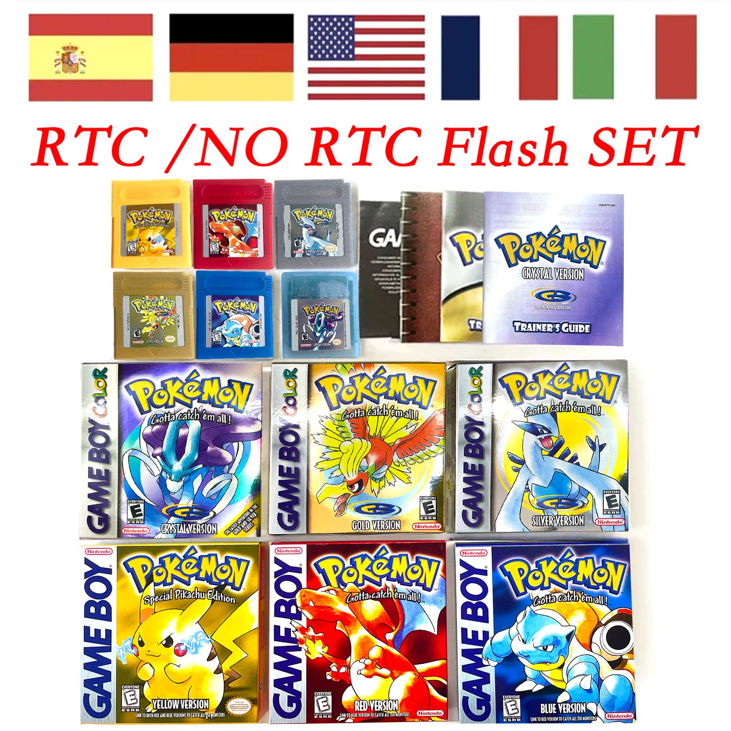 USA ITA NOE FRA ESP pokemon Gold silver RTC NO RTC Flash cart sealed 16 bit box tray manual Game Cartridge for GBC